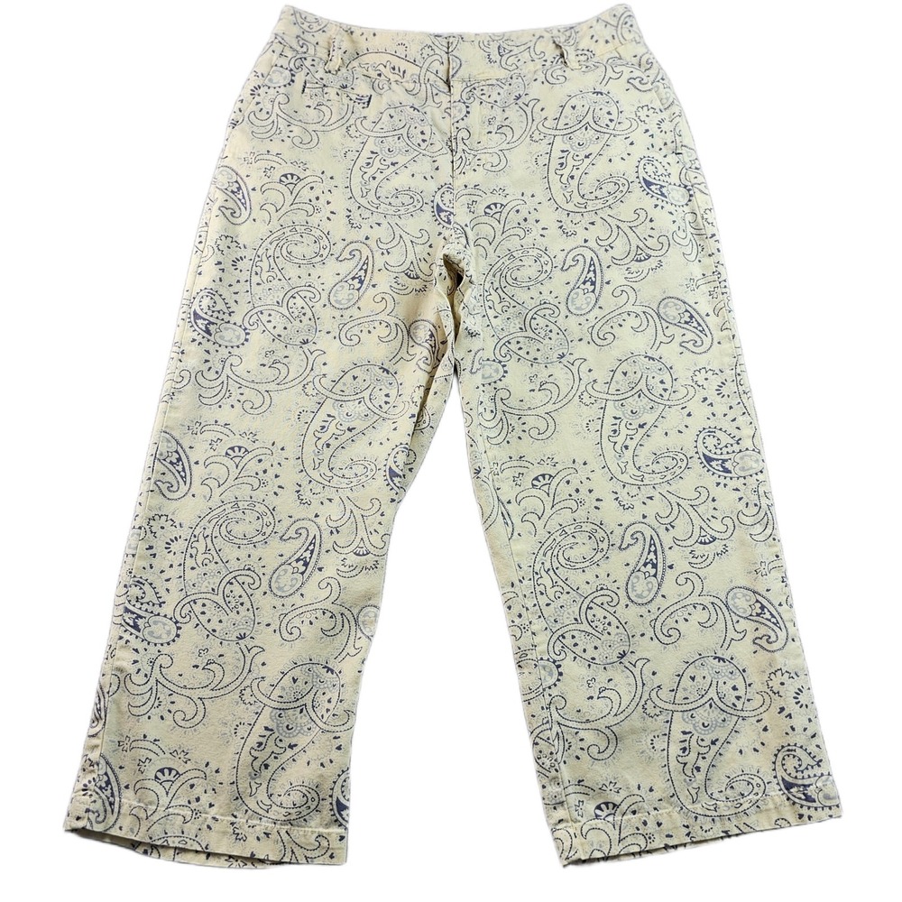 Liz Claiborne Audra Pants Womens 10 Cream Purple Paisley Stretch‎ High Waisted